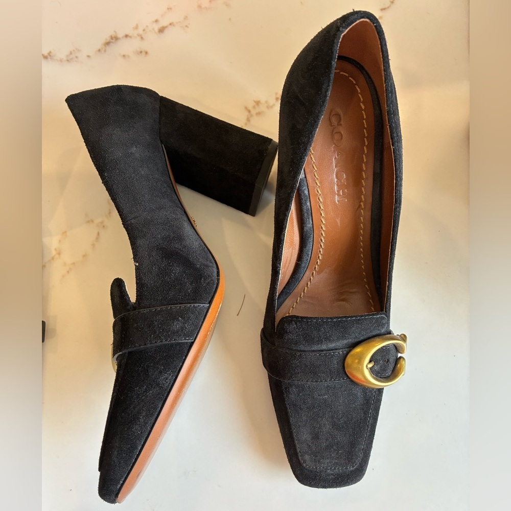 Coach Black Suede Block Heels with Gold Buckle